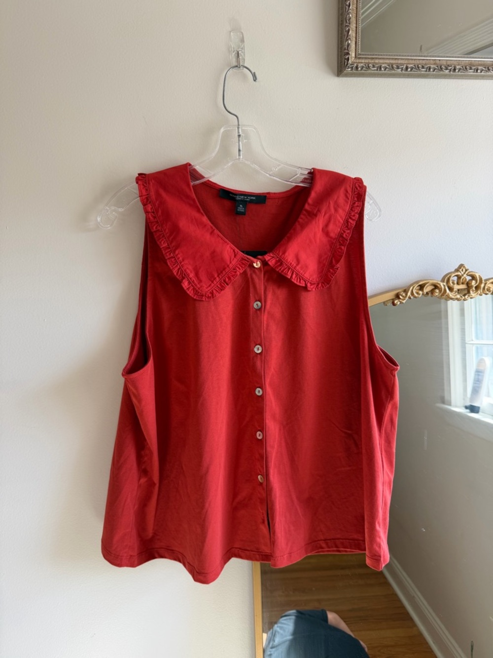 Marc New York Sleeveless Red Button-Front Top with Ruffle Collar Trim
